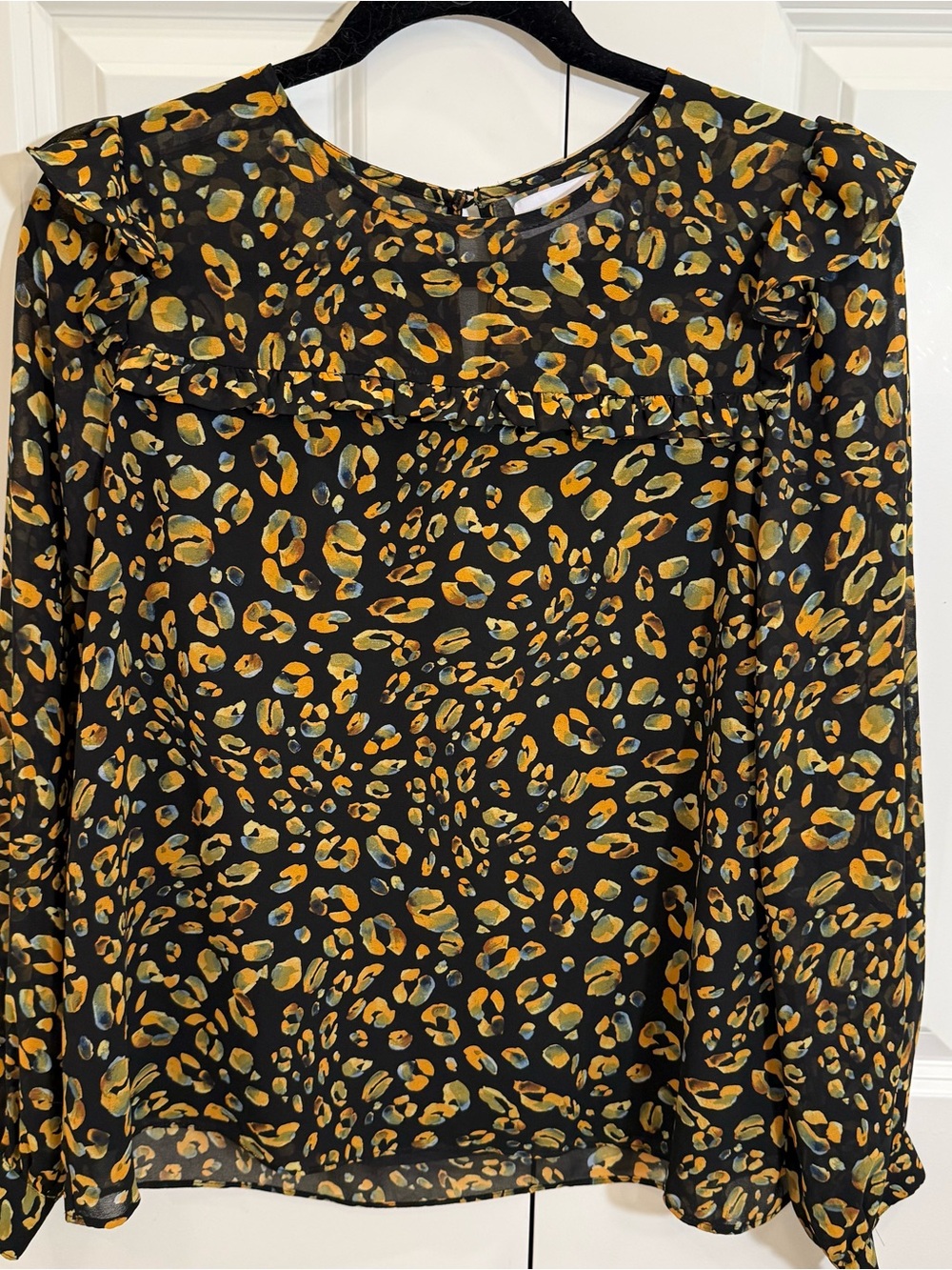 Lost + Wander Black Leopard-Print Ruffle Detail Blouse Small